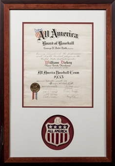 Babe Ruth Signed "1933 All-America Board of Baseball" 14 x 17 Certificate Award Presented To Bill Dickey In 23 x 33 Framed Display (Beckett & PSA/DNA)